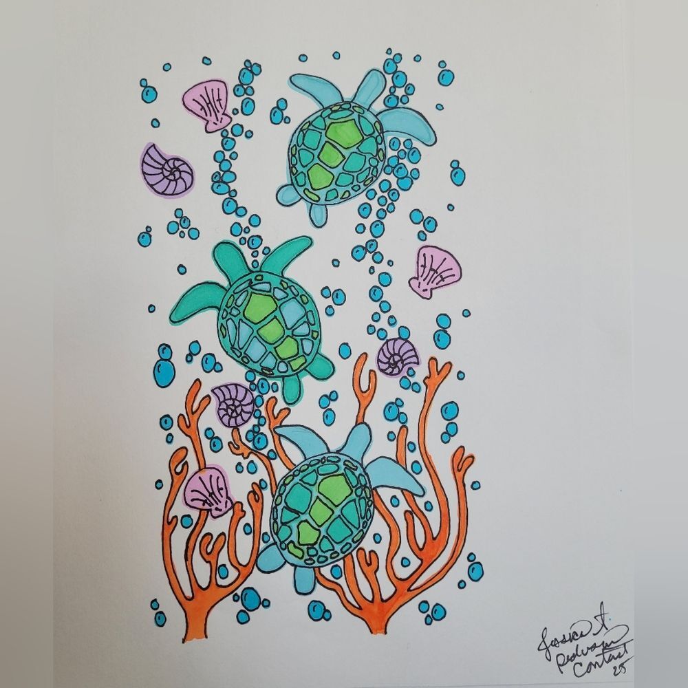 Handmade drawing watercolor on sketch paper ocean turtles sea scenery